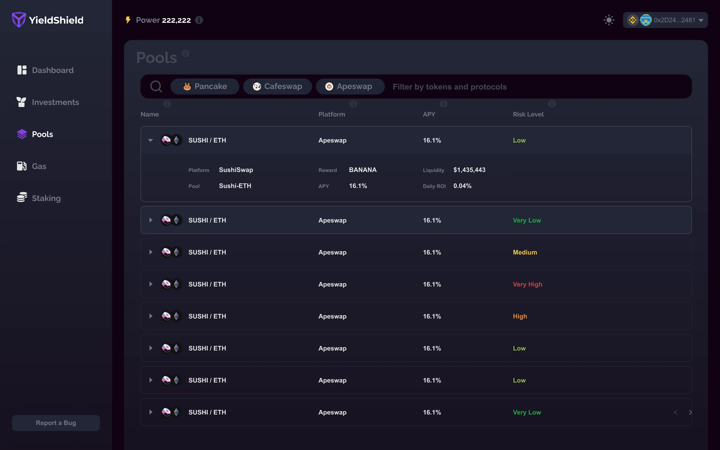 YieldShield Pools browser